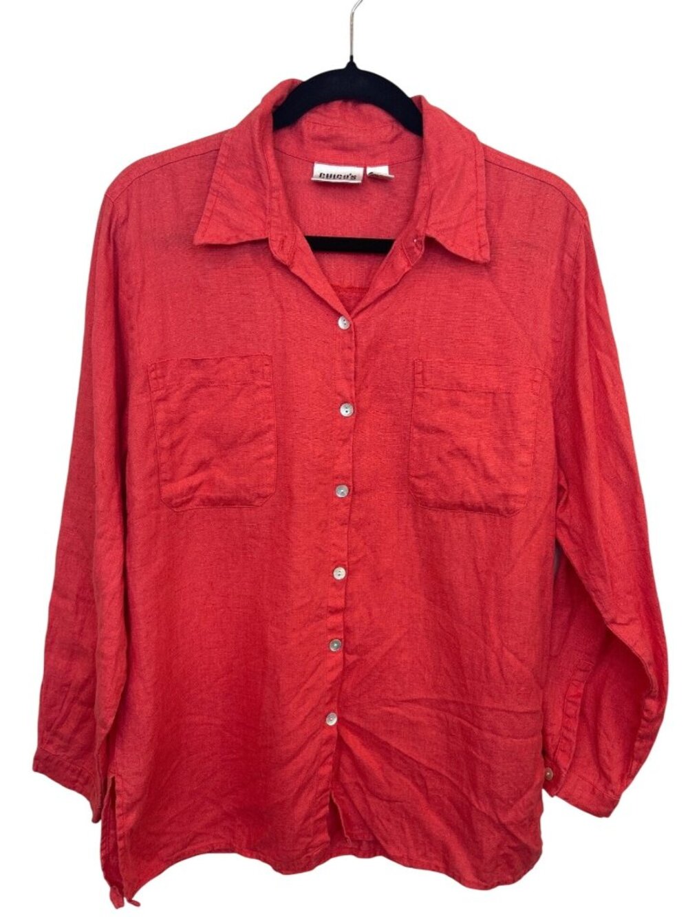 Vintage Chicos Design Shirt Sz 1 Red Orange 100% Linen Long Sleeve Button Up